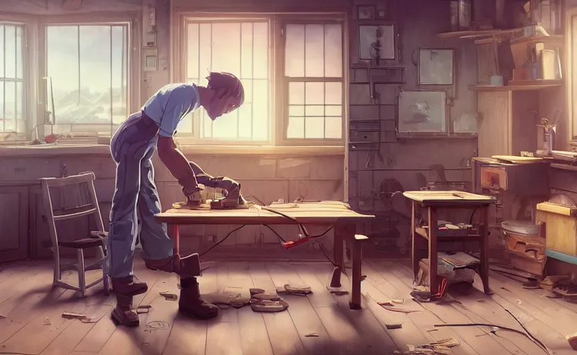 Image similar to a wholesome animation key shot of a carpenter fixing a broken robot that is on top of a table, medium shot, waist up, studio ghibli, pixar and disney animation, sharp, rendered in unreal engine 5, anime key art by greg rutkowski, bloom, dramatic lighting