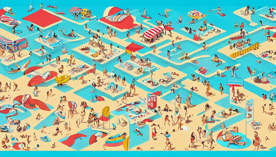 Image similar to a full page spread from the where's waldo at the beach book, isometric, waldo in the top right of frame, high detail illustration, coherent