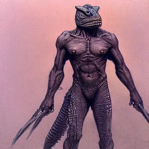 Prompt: lizardman warrior concept, tribal, beksinski