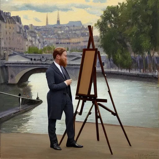 Prompt: mcgregor is dressed as a gentleman at early 2 0 th century paris. he is watching an easel. that easel has a canvas on it. ewan mcgregor has a brush on his hand. he is painting a painting. realistic painting with strong outlines. background has river seine, morning sun, dark clouds, by jack kirby