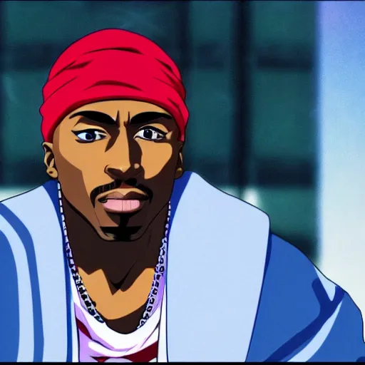 Image similar to Tupac Shakur, screenshot from a 2012s anime