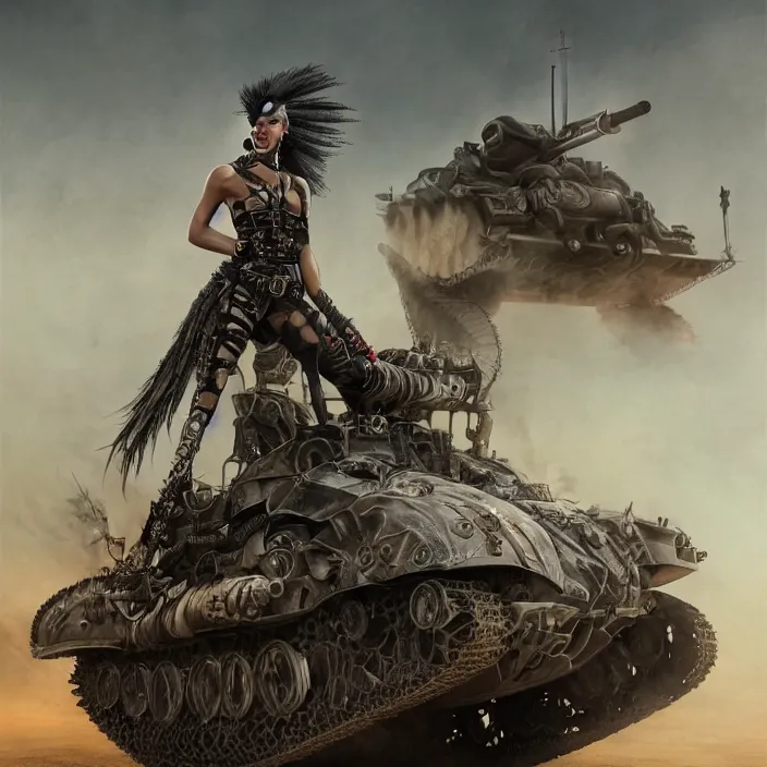 Prompt: beautiful apocalyptic woman with Mohawk, standing on mad max panzer tank, hyper-detailed, smooth, sharp focus, 4k ultra hd, fantasy dark art, tank girl, artgerm, artstation, octane render, elegant, detailed digital painting, apocalyptic art