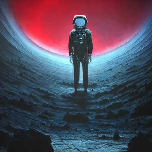 Prompt: ultra realistic, astronaut standing in front of an eerie hell cathedral on a destroyed planet in soace, there’s a large obsidian vortex in the sky in the art style of Zdzisław Beksiński, black and red background, occult, photo realistic, dark atmosphere