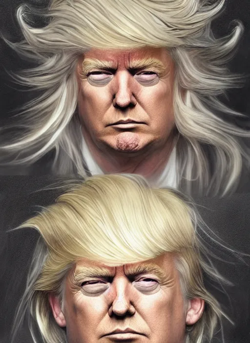 Image similar to Portrait of Donald Trump, white glowing eyes, silver shaggy hair, cloak, ethereal wings, male, fantasy, extremely detailed, digital painting, artstation, concept art, smooth, sharp focus, illustration, stunning lighting, art by artgerm and greg rutkowski and alphonse mucha and simon stalenhag, realistic character concept, high fantasy, light atmosphere, golden ratio, cinematic lighting, hyperdetailed, high resolution, insanely detailed and intricate, artstation, Marc Simonetti, Greg Rutkowski, 8k