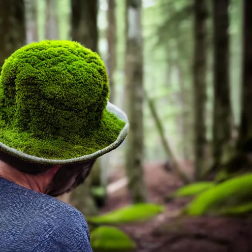 Image similar to portrait of a man with hat made of moss, 4k, 35 mm lens, high details, natural light, Forrest in background