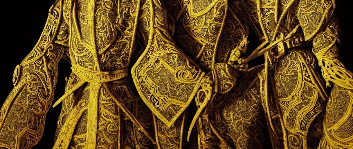 Prompt: hyperrealist highly detailed neo-baroque portrait of obscure high fashion warrior, etched bone armour, intricate silk robes with geometric trippy trippy patterns, concept art pascal blanche dramatic yellow lighting 8k wide angle shallow depth of field