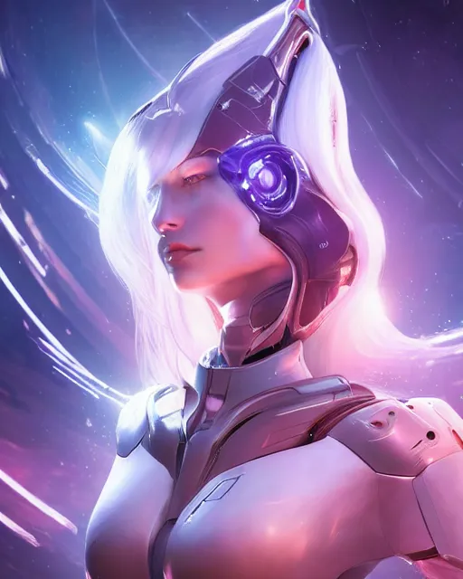 Image similar to perfect android girl on a mothership, warframe armor, beautiful face, scifi, futuristic, galaxy, nebula, raytracing, dreamy, long white hair, blue cyborg eyes, sharp focus, cinematic lighting, highly detailed, artstation, divine, by gauthier leblanc, kazuya takahashi, huifeng huang