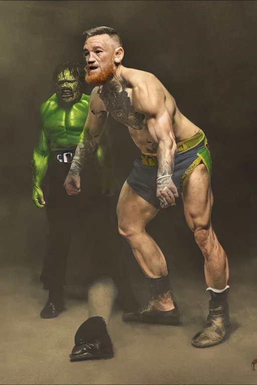 Prompt: connor mcgregor dressed like the hulk, 8 k, hdr, great light, gustave courbet, annie leibowitz