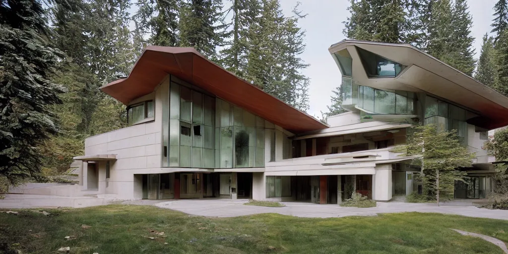 Prompt: large futuristic residence, pacific northwest, cedar and white concrete, many large windows, triangular elements designed by frank lloyd wright