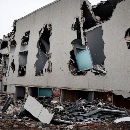 Prompt: Ruins of an apartment complex in the arctic, DSLR photography