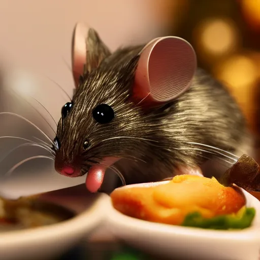 Image similar to macro photo of a mouse in a miniature fancy restaurant