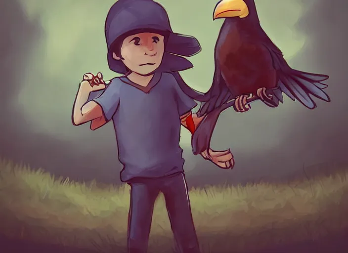 Prompt: cartoon still, a small boy with dark hair, wearing farm clothes, he has a small crow on his shoulder, artstation, character design, by padleton ward