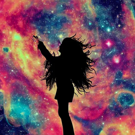 Prompt: a silhouette of a long haired woman, outer space, hearts, album art,