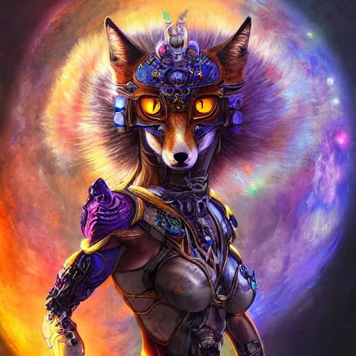 Prompt: A cyborg Cosmic Fox Goddess as the ultimate tyrant emperor of the universe. Realistic sci-fi concept. Trending on ArtStation. A vibrant digital oil painting. A highly detailed fantasy character illustration by Wayne Reynolds and Charles Monet and Gustave Dore and Carl Critchlow and Bram Sels