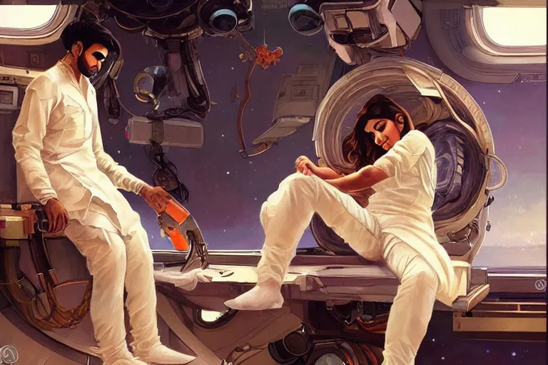 Image similar to Sensual good looking pale young Indian doctors wearing jeans in a space station above Earth performing surgery, portrait, elegant, intricate, digital painting, artstation, concept art, smooth, sharp focus, illustration, art by artgerm and greg rutkowski and alphonse mucha