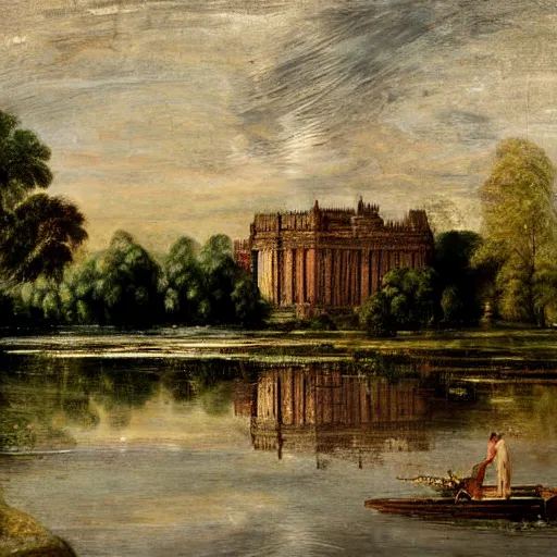 Prompt: digital art of a large palace on the edge of a lake. Highly detailed. in the style of John Constable.