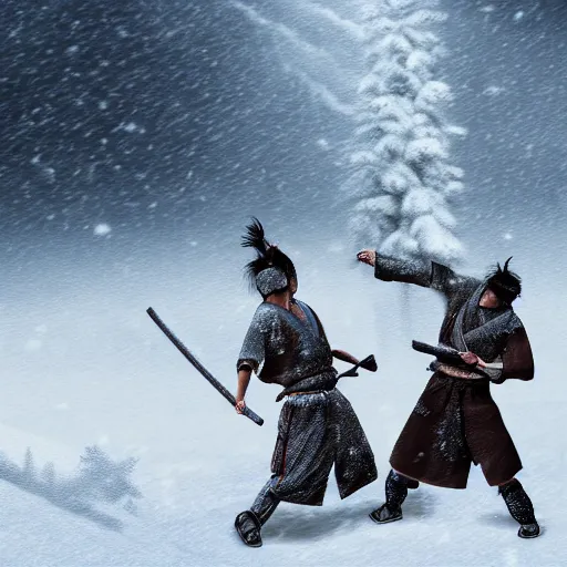 Prompt: Two samurai fighting on top of a hill while snow slowly falls around and collects on their clothes, HD, high resolution, hyper realistic, 4k, intricate detail