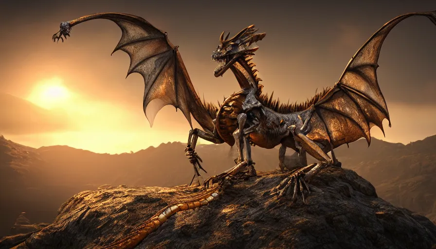 Image similar to hyper realistic highly detailed nature photography of a skeleton dragon, prehistoric planet, volumetric lighting, octane render, 4 k resolution, golden hour