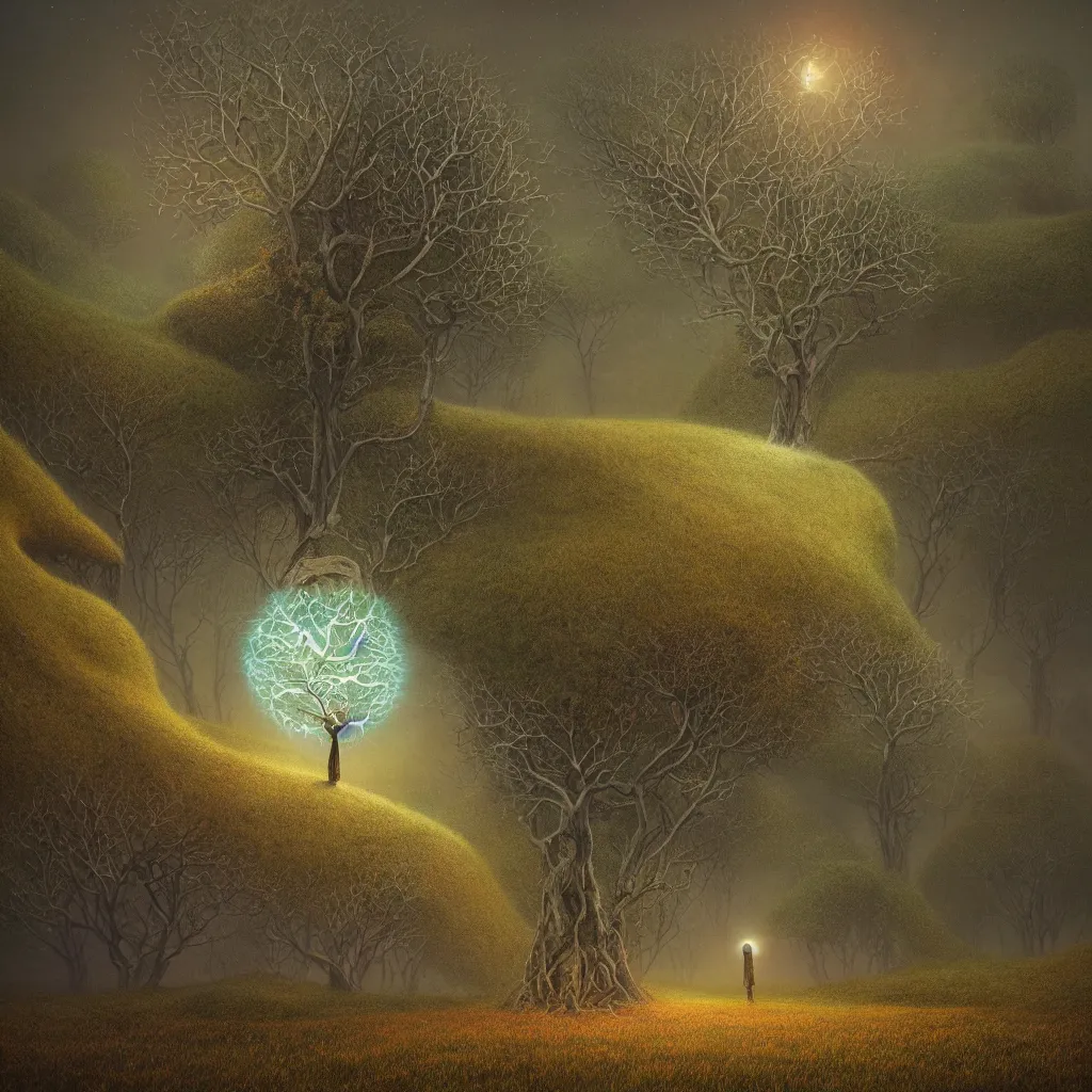 Image similar to the breathing world, mother earth watches over all living things, tree of life, octane render, particle effects, light rays, very sharp, beksinski, quint buchholz, charlie bowater, pranckevicius