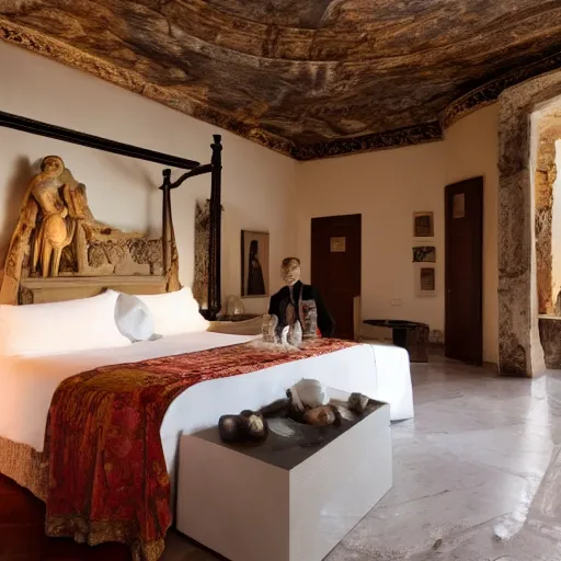 Image similar to bedroom at extremely expensive hotel in ancient roman times. high - fashion boutique hotel. stone walls. statues. carving. detailed beautiful photography.