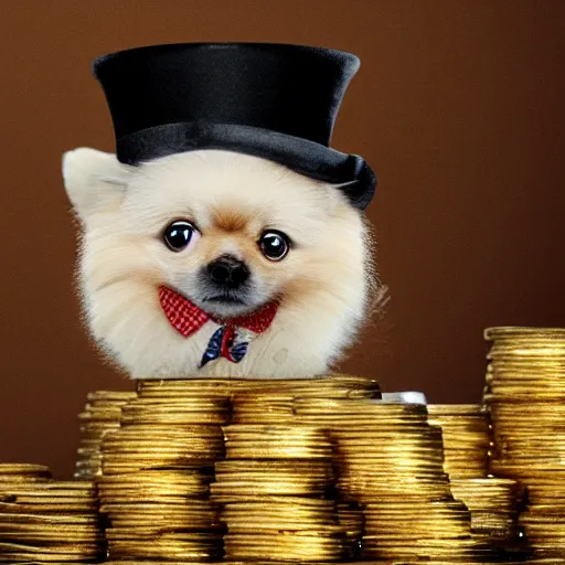 Image similar to A pomeranian wearing a top-hat and a monocle, sitting on a pile of gold coins