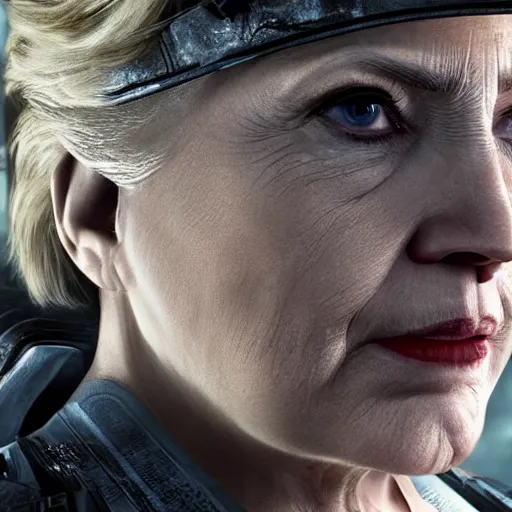 Image similar to hillary clinton in gears of war, splash art, movie still, detailed face, photorealistic facial features, cinematic lighting, dramatic, octane render, long lens, shallow depth of field, bokeh, anamorphic lens flare, 8 k, hyper detailed, 3 5 mm film grain