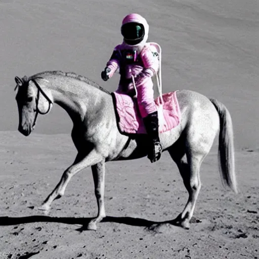 Image similar to “ a lathe dappled gray arabian horse riding on nasa astronaut back in a pink space suit on the moon ”