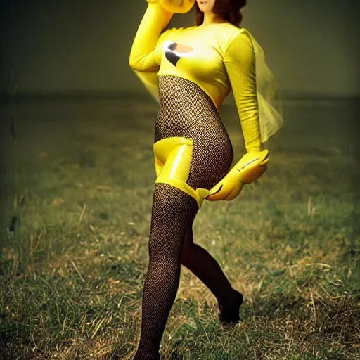 Image similar to girl wearing a latex costume of pikachu and fishnet stockings, by Annie Liebovitz, elegant photography