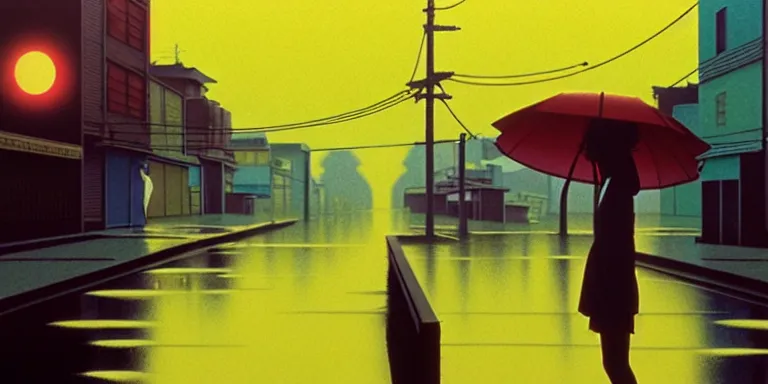 Image similar to an immaculate isometric cinematic keyframe matte painting of the silhouette of a young japanese girl standing in wide wet street 1 9 7 0 s vaporwave rust belt city at dusk with an oversized moon, just after the rain has cleared. by eric lafforgue, glennray tutor and edward hopper, greg rutkowski. trending on artstation.