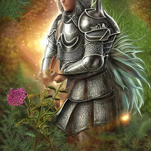 Image similar to a male knight, stern face, clear eyes, in a dark forest, shining armour made of steel and flowers, and fractal flowery hair in a fractal garden, glowing delicate flower, berries and ferns that grow in a dark fantasy forest, full frame,