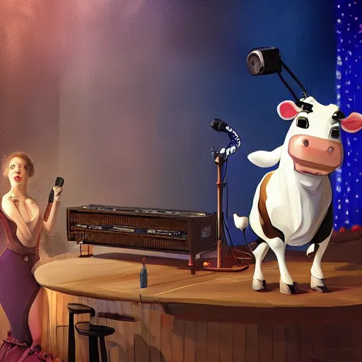 Image similar to a cow singing karaoke in a karaoke machine, very beautiful fantastic painting D&D Concept Art, full length, ultra Realistic, Regal, Refined, Detailed Digital Art, Exquisite detail, post-processing, masterpiece, Cinematic Lighting, Unreal Engine, 8k, HD