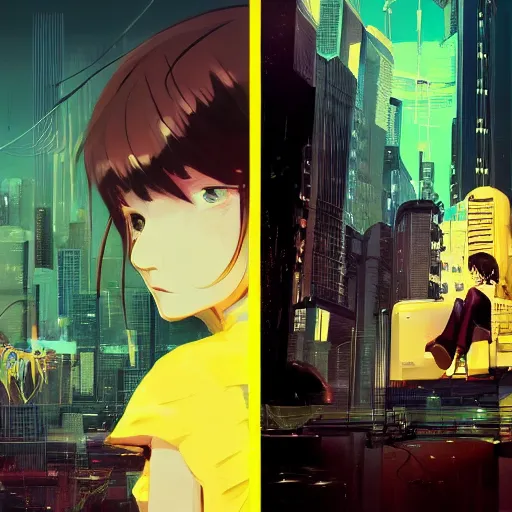 Image similar to Frequency indie album cover, luxury advertisement, yellow filter. Clean and detailed post-cyberpunk sci-fi close-up schoolgirl in asian city in style of cytus and deemo, blue flame, relaxing, calm and mysterious vibes, by Tsutomu Nihei, by Yoshitoshi ABe, by Ilya Kuvshinov, by Greg Tocchini, nier:automata, set in half-life 2, Matrix, GITS, Blade Runner, Neotokyo Source, Syndicate(2012), dynamic composition, beautiful with eerie vibes, very inspirational, very stylish, with gradients, surrealistic, dystopia, postapocalyptic vibes, depth of field, mist, rich cinematic atmosphere, perfect digital art, mystical journey in strange world, beautiful dramatic dark moody tones and studio lighting, shadows, bastion game, arthouse