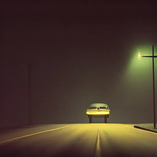 Prompt: A stunningly beautiful award-winning down angle 8K high angle cinematic movie photograph of a dark foggy main intersection in an abandoned 1950s small town at night, by Edward Hopper and David Fincher and Darius Khonji, cinematic lighting, perfect composition, moody low key volumetric light. Color palette from Seven, greens yellows and reds. 2 point perspective, high angle from 15 feet off the ground. Octane render, cgsociety