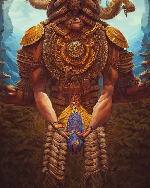 Prompt: digital painting of a gigantic cipactli by filipe pagliuso and justin gerard, symmetric, fantasy, detailed, intricate, portrait, sharp focus, tarot card, handsome, gwent