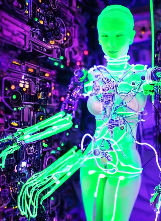 Prompt: intricate cyborg pilot girl with electromechanical robot parts, connected made of and covered with many colorful luminous wires, detailed. machined crystal eyes glowing with nebula, background glowing game server powered by galaxies - n 6