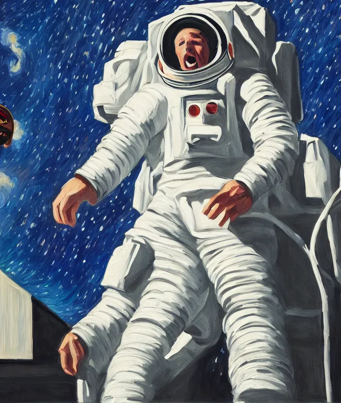 Prompt: a portrait painting of a man in an astronaut suit, screaming and sad, highly detailed, aesthetic stars in the background, in the style of edward hopper, very fine brush strokes, 4 k,