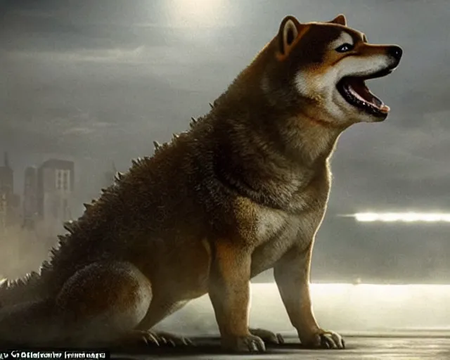 Image similar to godzilla as a shiba inu in a Godzilla: King of the Monsters still film directed by Christopher Nolan, shooting beams and toppling over cities, epic action scene