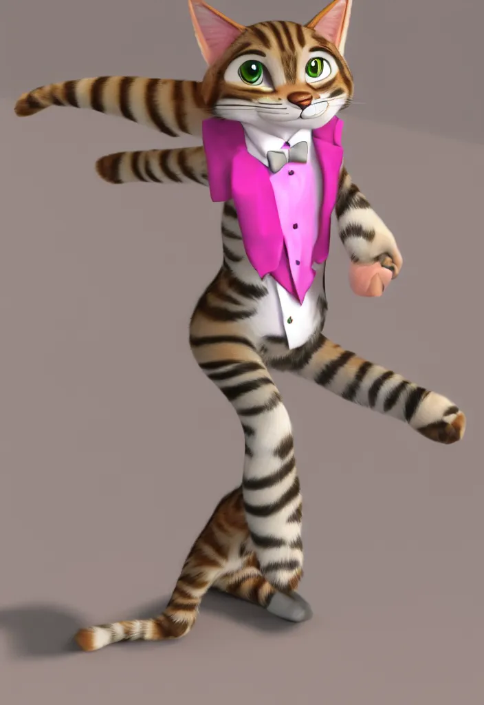 Image similar to 3d render , anthropomorphic male tabby cat,wearing a pink tux ,style of Zootopia, 8K HD Resolution, High quality image