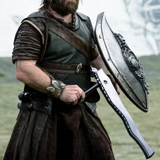 Image similar to Rory McCann as Logen Ninefingers, photo, wielding a sword and shield