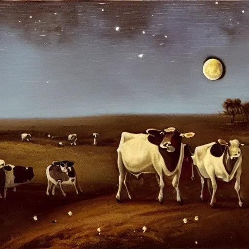 Image similar to cows on the moon, moonlight,