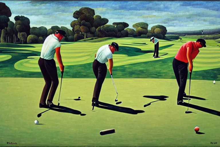 Image similar to Three golfers on a beautiful golf course driving range, by Diego Rivera