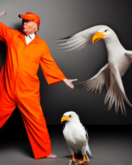 Prompt: Medium Shot Donald Trumps wearing orange pajamas in jail and an american eagle is attacking and biting his head, octane, dramatic lighting, editorial photo, 35mm, very detailed