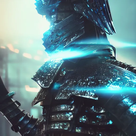 Image similar to advanced metal samurai armor, glowing led, splash art, movie still, cinematic lighting, dramatic, octane render, long lens, shallow depth of field, bokeh, anamorphic lens flare, 8k, hyper detailed, 35mm film grain