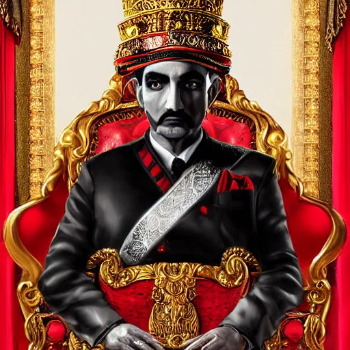 Image similar to the king of india sitting on a throne wearing a black suit and a red fez, detailed masculine face with red lips, black eyes and large forehead, detailed body, moody atmosphere, digital art, highly detailed, high contrast, beautiful lighting, award winning, trending on art station, photorealistic, 8 k,