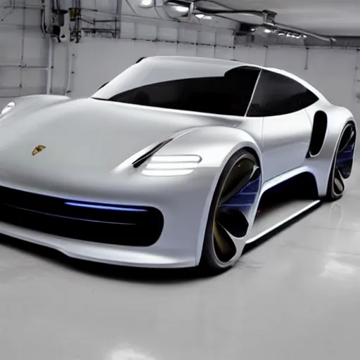 Prompt: a vision gran turismo style concept electric porsche :: studio lighting, inside a warehouse :: porsche unseen design style