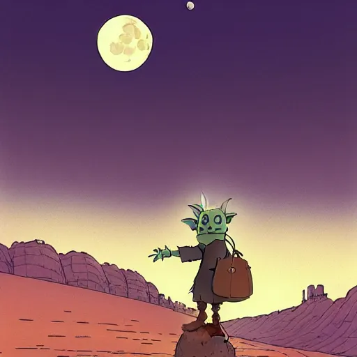 Image similar to a study of cell shaded cartoon of a goblin from howl's moving castle ( 2 0 0 4 ) on a desert road, in front of a big moon, full body, wide shot, very muted colors, post grunge, studio ghibli, laurie greasley, highly detailed, deviantart, art by artgem