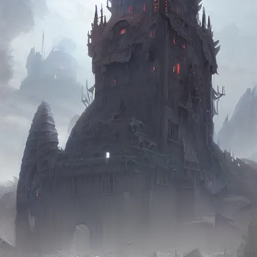 Image similar to dread tower - evil citadel. volumetric lighting, spring afternoon, overcast weather, realistic illustration, perfectly shaded, soft painting, art by krenz cushart and wenjun lin