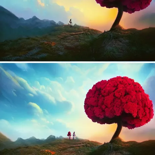 Image similar to giant carnation flower head, girl hiking in the mountains, surreal photography, sunrise, dramatic light, impressionist painting, colorful clouds, digital painting, artstation, simon stalenhag