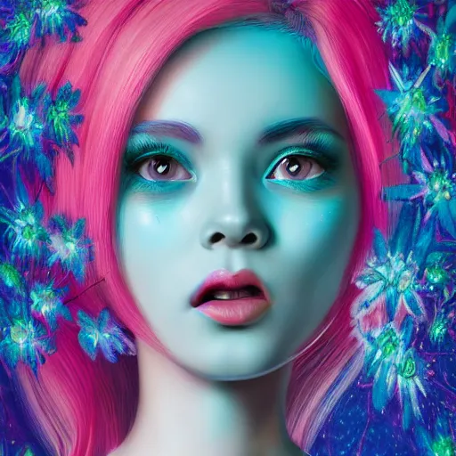 Prompt: intelligent young women with blue hair looking at the camera, she has a beautiful unconventional face, she is surrounded by an explosion of flowers in neon pink and blue intricate, elegant, highly detailed, digital painting, artstation, concept art, pop, smooth, sharp focus, illustration, art by mark ryden 3 d 8 k ultra detailed