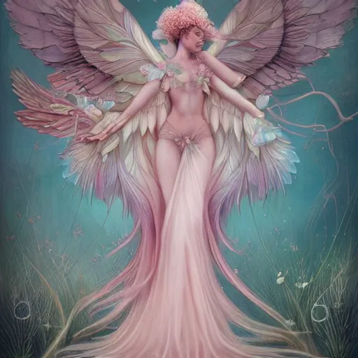 Image similar to symmetry!! a pink beautiful fairy with large wings and flowing hair is exploring her flower garden, style of tom bagshaw, extremely detailed, muted colors, negative space